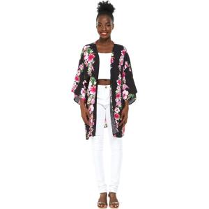 imageWomen Open Front Lightweight Kimono Tops in FloralPink Hibiscus Vine Black