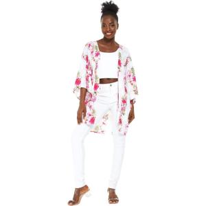 imageWomen Open Front Lightweight Kimono Tops in FloralPink Hibiscus Vine White