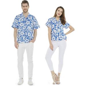 imageCouple Matching Hawaiian Luau Men and Women Shirts in Classic Vintage HibiscusBlue