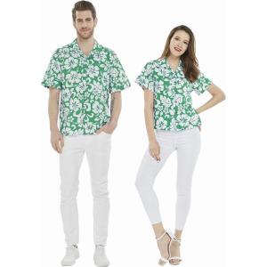 imageCouple Matching Hawaiian Luau Men and Women Shirts in Classic Vintage HibiscusGreen
