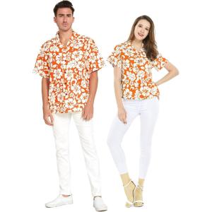 imageCouple Matching Hawaiian Luau Men and Women Shirts in Classic Vintage HibiscusOrange