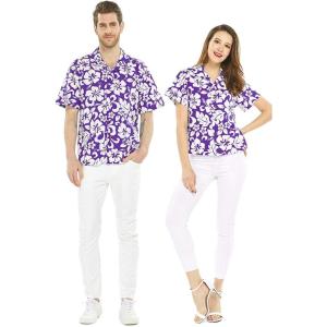 imageCouple Matching Hawaiian Luau Men and Women Shirts in Classic Vintage HibiscusPurple