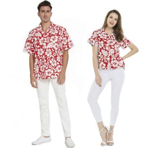 imageCouple Matching Hawaiian Luau Men and Women Shirts in Classic Vintage HibiscusRed