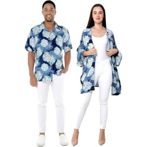 imageMatchable Couple Hawaiian Luau Shirt or Kimono in Pacific Palm NavyWomen Pacific Palm Navy