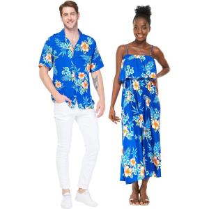 imageMatchable Couple Hawaiian Luau Shirt or Maxi Ruffle Dress in Hibiscus BlueMen Hibiscus Blue
