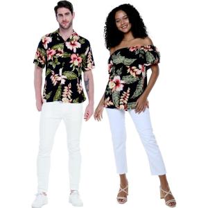 imageMatchable Couple Hawaiian Luau Shirt or OffShoulder Ruffle Muumuu Top in Black RafelsiaMen Black Rafelsia