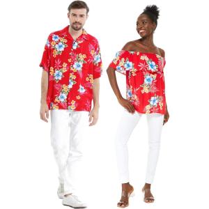 imageMatchable Couple Hawaiian Luau Shirt or OffShoulder Ruffle Muumuu Top in Hibiscus BlackMen Hibiscus Red