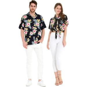 imageMatchable Couple Hawaiian Luau Shirt or Tie Front Top in Hibiscus BlackMen Hibiscus Black