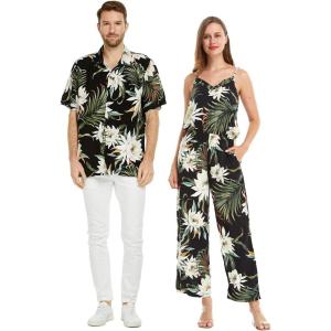 imageMatchable Couple Hawaiian Luau Shirt or VNeck Jumpsuit with Pockets in Wispy Cereus BlackWomen Wispy Cereus Black