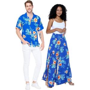 imageMatchable Couple Hawaiian Luau Shirt or Wide Legged Pants in Pacific Palm NavyMen Hibiscus Blue