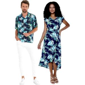imageMatchable Couple Hawaiian Luau Shirt or Wrap Ruffle Dress in Orchid Breeze NavyMen Orchid Breeze Navy