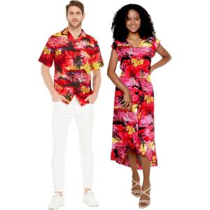 imageMatchable Couple Hawaiian Luau Shirt or Wrap Ruffle Dress in Sunset RedWomen Sunset Red