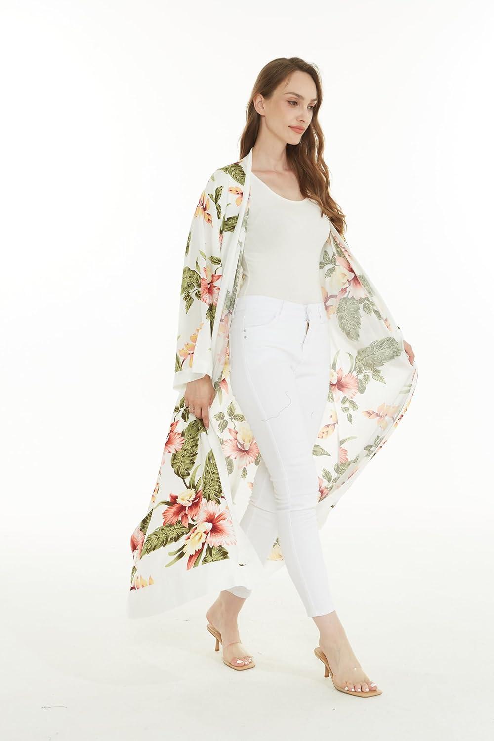 imageMatchable Family Hawaiian Luau Men Women Girl Boy Clothes in Cream RafelsiaWomen Maxi Kimono Cardigan