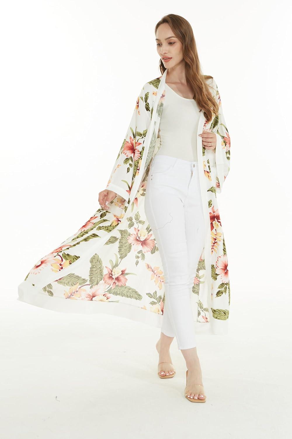 imageMatchable Family Hawaiian Luau Men Women Girl Boy Clothes in Cream RafelsiaWomen Maxi Kimono Cardigan