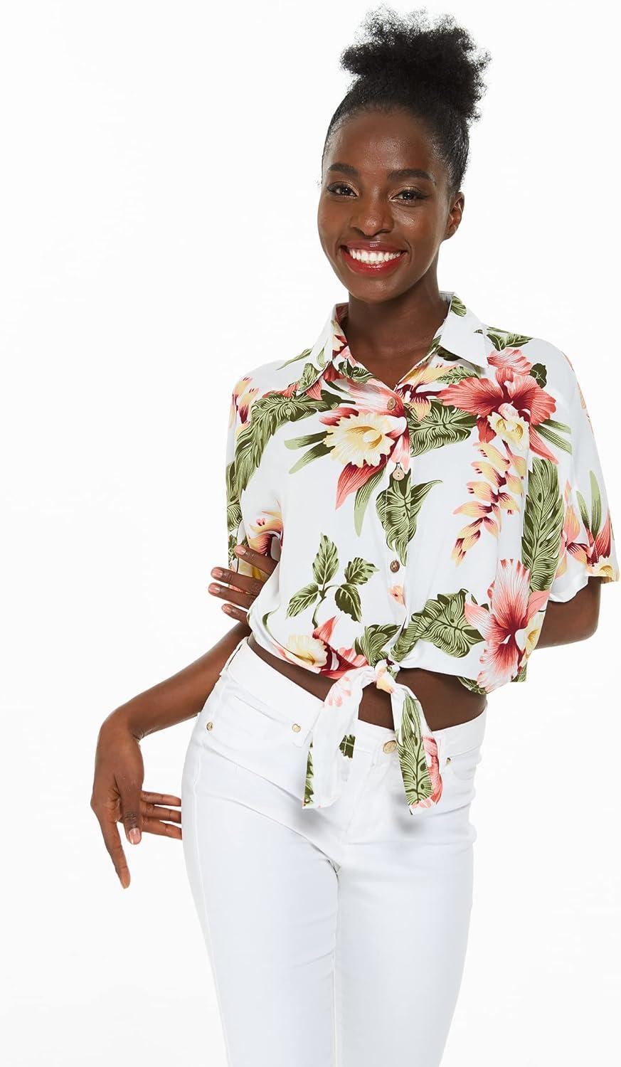 imageMatchable Family Hawaiian Luau Men Women Girl Boy Clothes in Cream RafelsiaWomen Tie Front Shirt