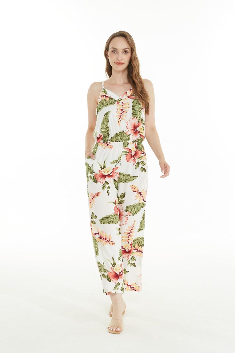 imageMatchable Family Hawaiian Luau Men Women Girl Boy Clothes in Cream RafelsiaWomen V Neck Jumpsuit