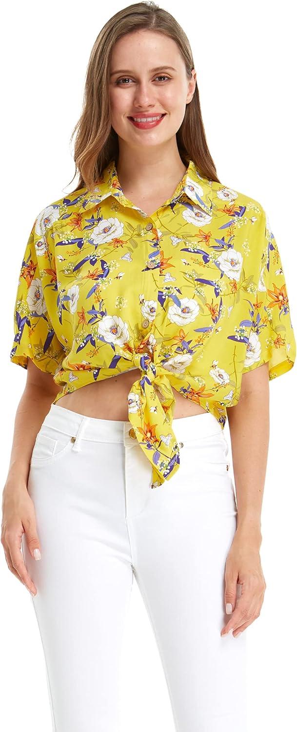 imageMatchable Family Hawaiian Luau Men Women Girl Boy Clothes in Garden Poppy YellowWomen Tie Front Shirt
