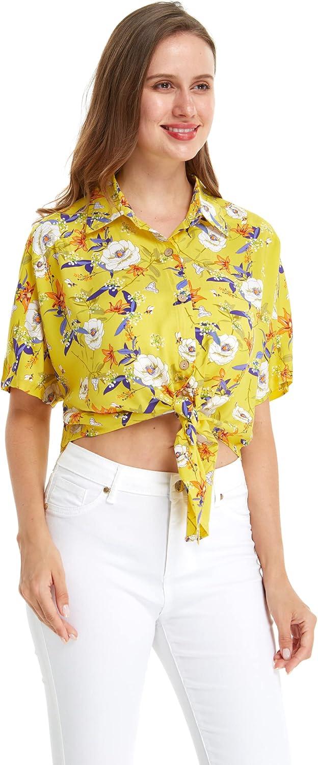imageMatchable Family Hawaiian Luau Men Women Girl Boy Clothes in Garden Poppy YellowWomen Tie Front Shirt