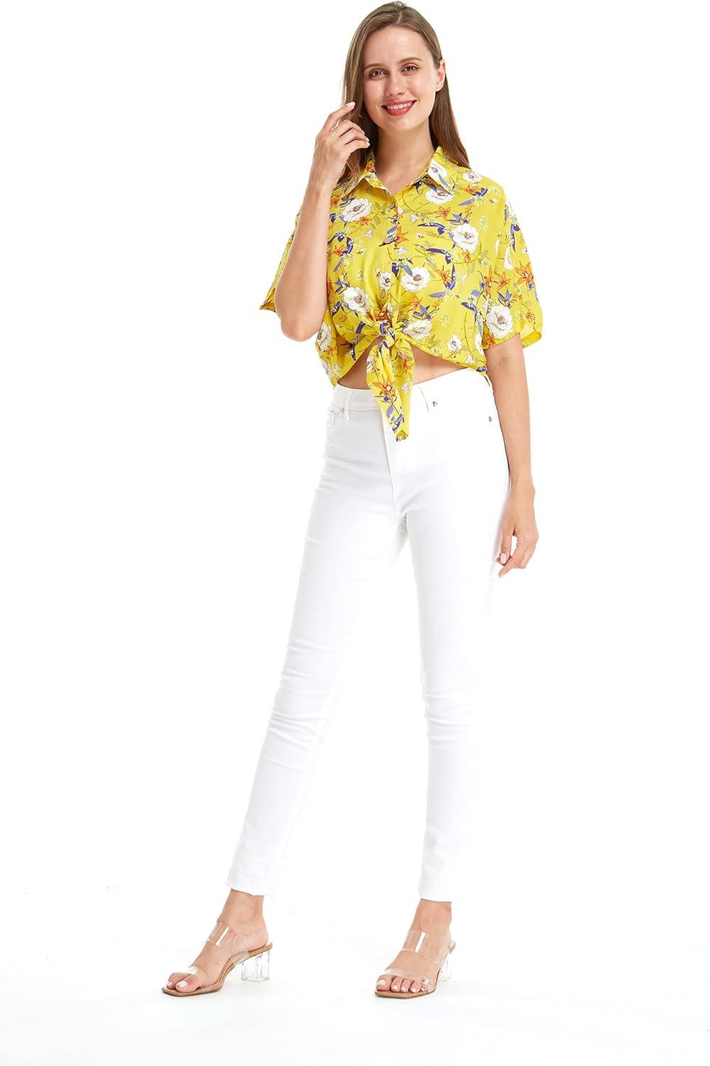 imageMatchable Family Hawaiian Luau Men Women Girl Boy Clothes in Garden Poppy YellowWomen Tie Front Shirt