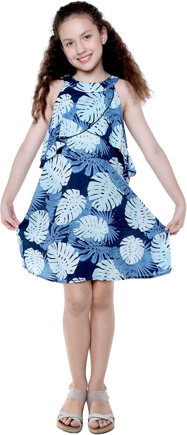 imageMatchable Family Hawaiian Luau Men Women Girl Boy Clothes in Pacific Palm NavyGirl Round Neck Ruffle