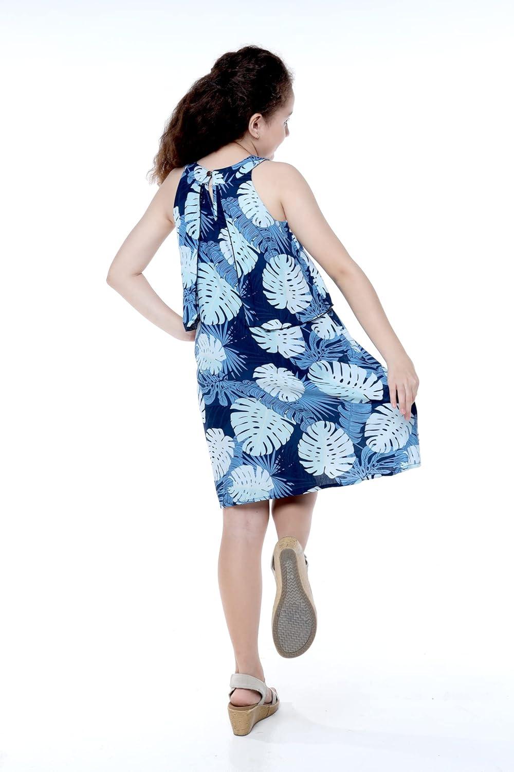 imageMatchable Family Hawaiian Luau Men Women Girl Boy Clothes in Pacific Palm NavyGirl Round Neck Ruffle