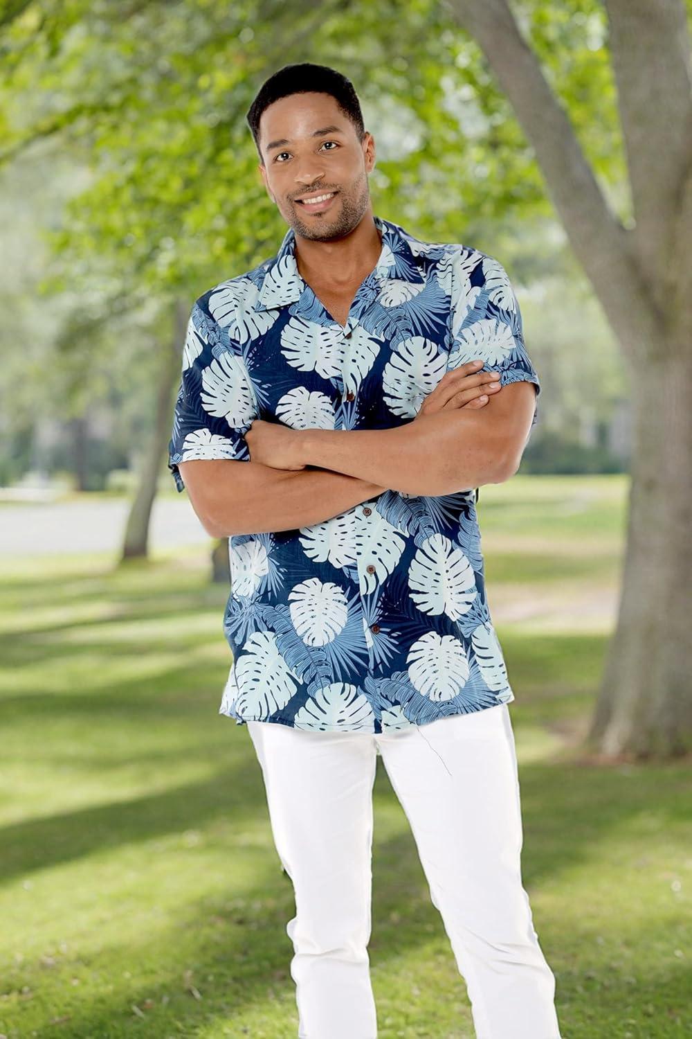 imageMatchable Family Hawaiian Luau Men Women Girl Boy Clothes in Pacific Palm NavyMen Short Sleeve