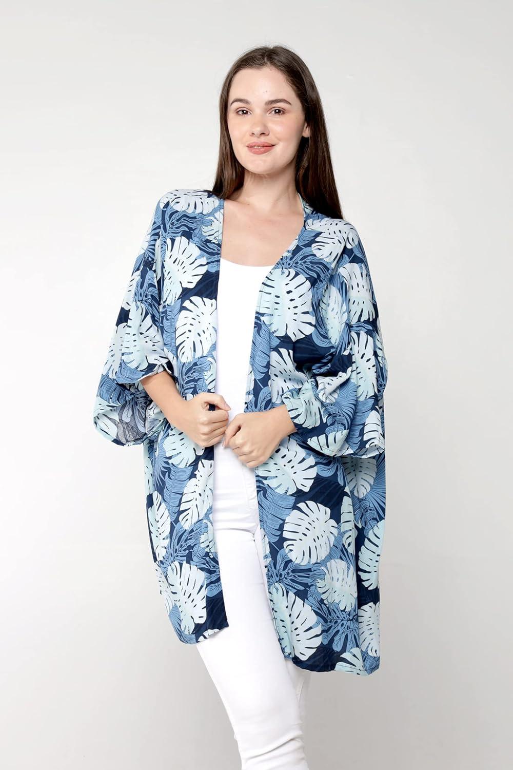 imageMatchable Family Hawaiian Luau Men Women Girl Boy Clothes in Pacific Palm NavyWomen Kimono Cardigan