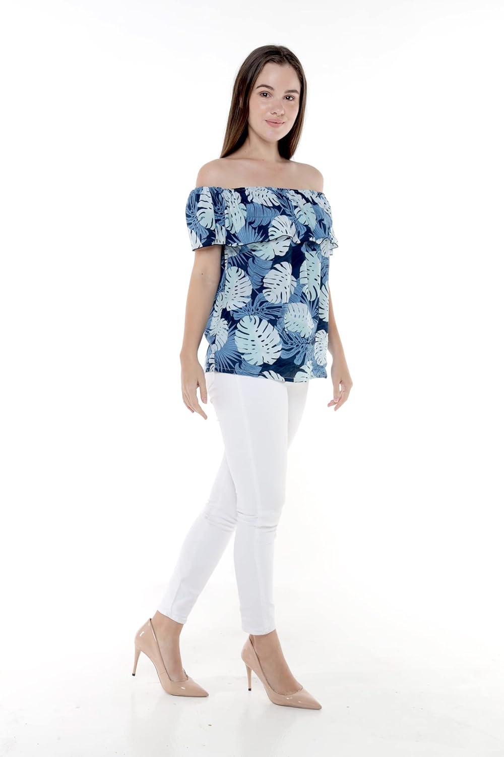 imageMatchable Family Hawaiian Luau Men Women Girl Boy Clothes in Pacific Palm NavyWomen Offshoulder Ruffle Top