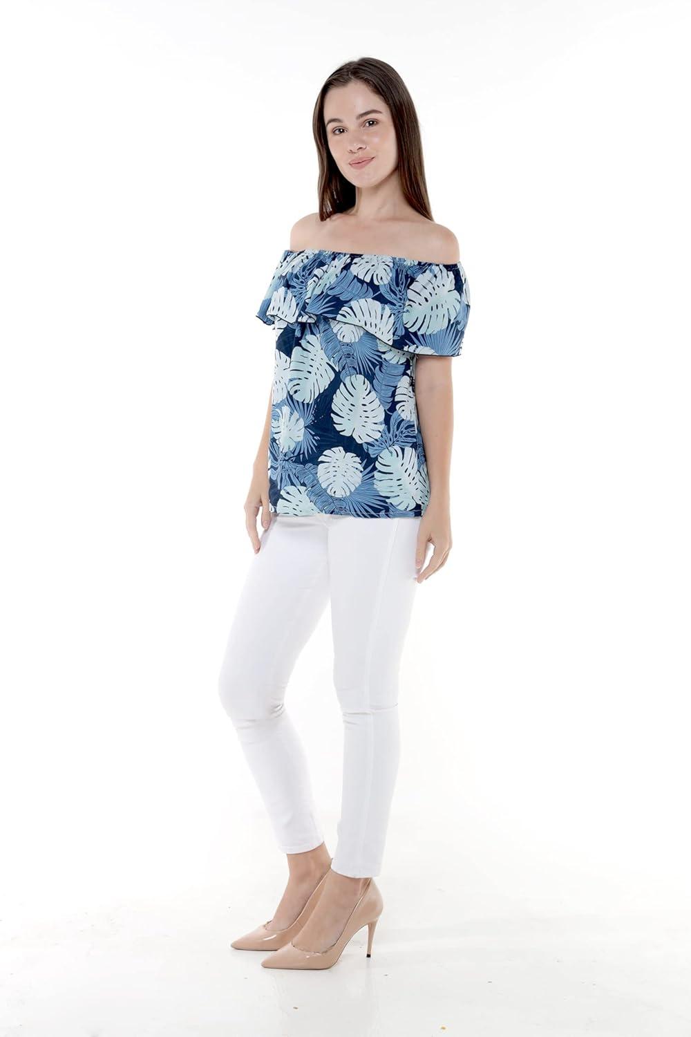 imageMatchable Family Hawaiian Luau Men Women Girl Boy Clothes in Pacific Palm NavyWomen Offshoulder Ruffle Top