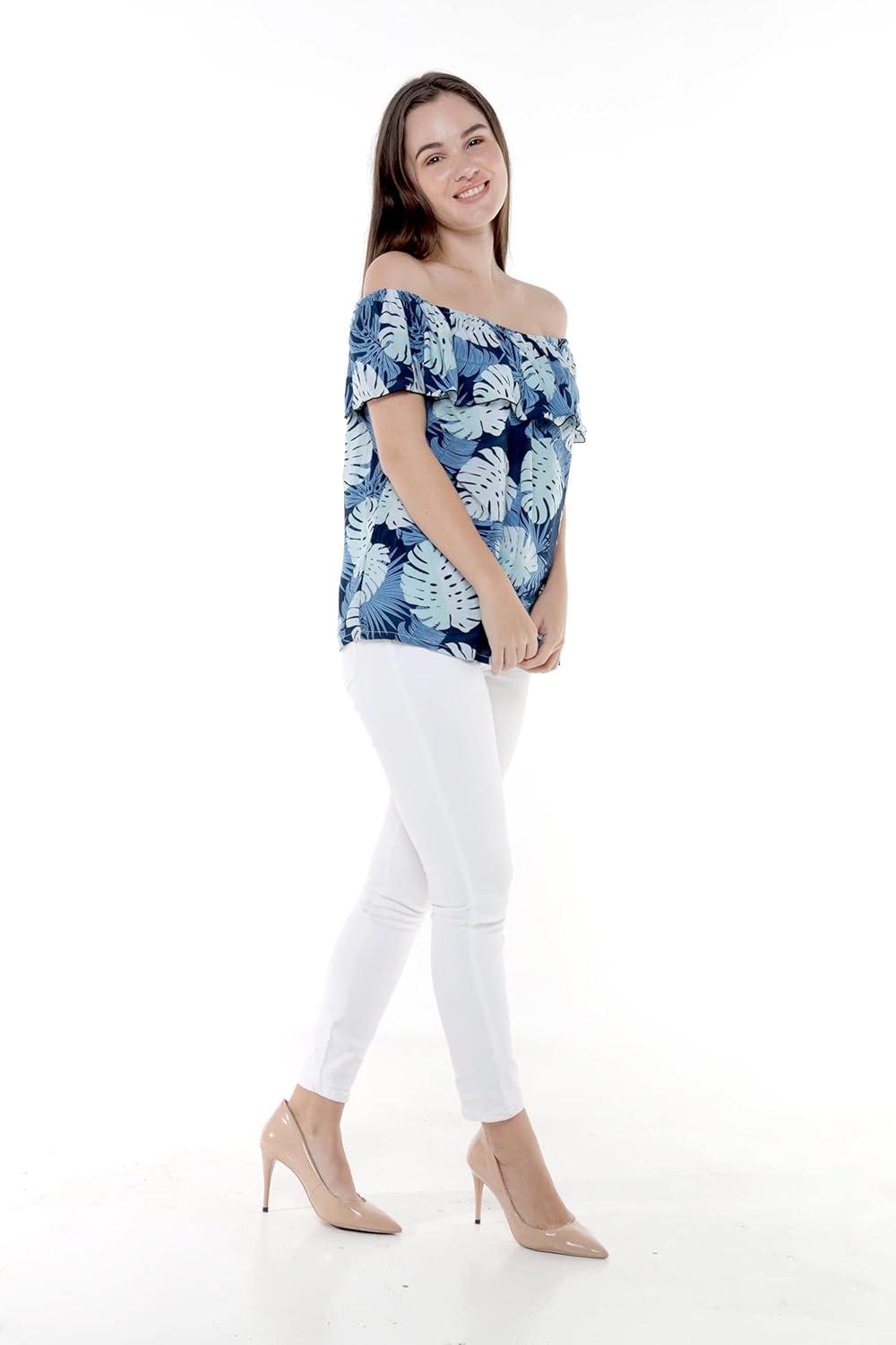 imageMatchable Family Hawaiian Luau Men Women Girl Boy Clothes in Pacific Palm NavyWomen Offshoulder Ruffle Top