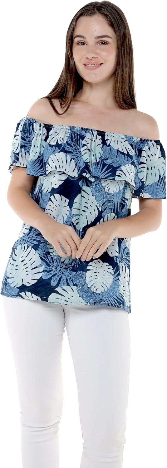 imageMatchable Family Hawaiian Luau Men Women Girl Boy Clothes in Pacific Palm NavyWomen Offshoulder Ruffle Top