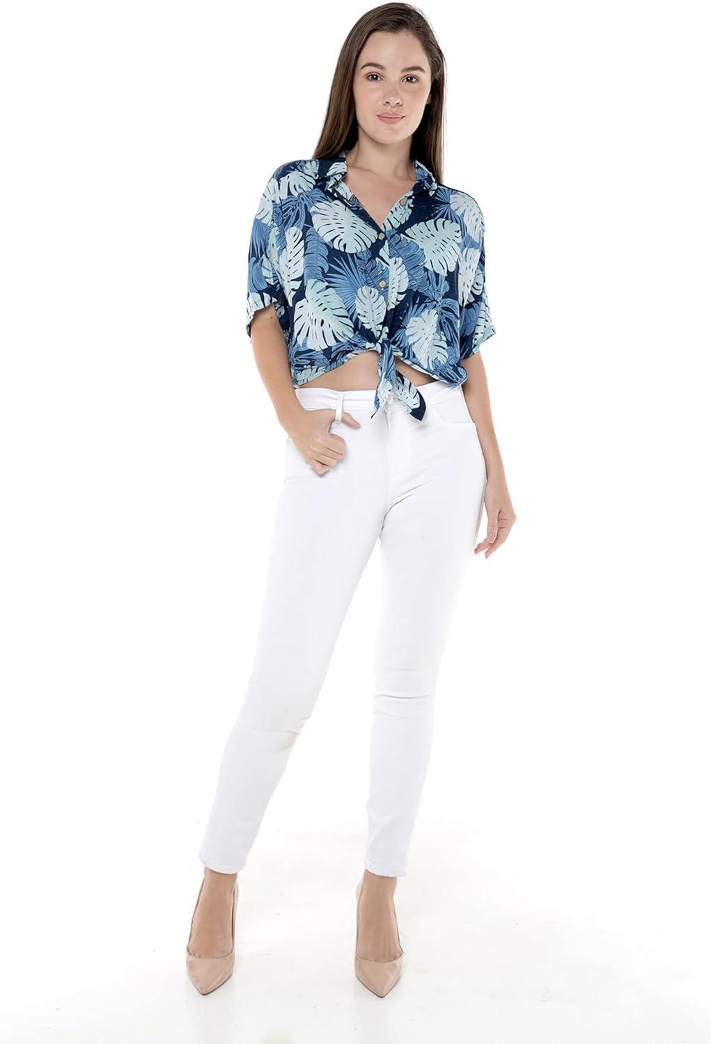 imageMatchable Family Hawaiian Luau Men Women Girl Boy Clothes in Pacific Palm NavyWomen Tie Front Shirt