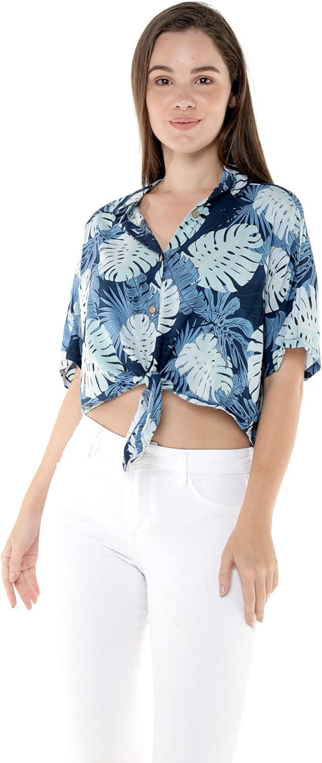 imageMatchable Family Hawaiian Luau Men Women Girl Boy Clothes in Pacific Palm NavyWomen Tie Front Shirt