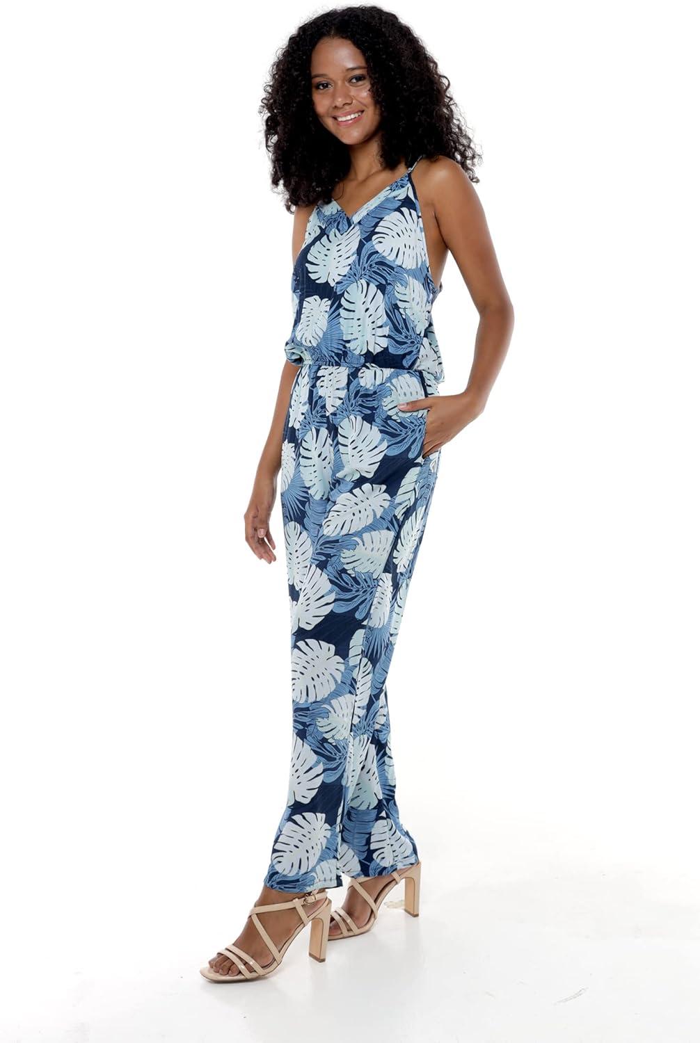 imageMatchable Family Hawaiian Luau Men Women Girl Boy Clothes in Pacific Palm NavyWomen V Neck Jumpsuit