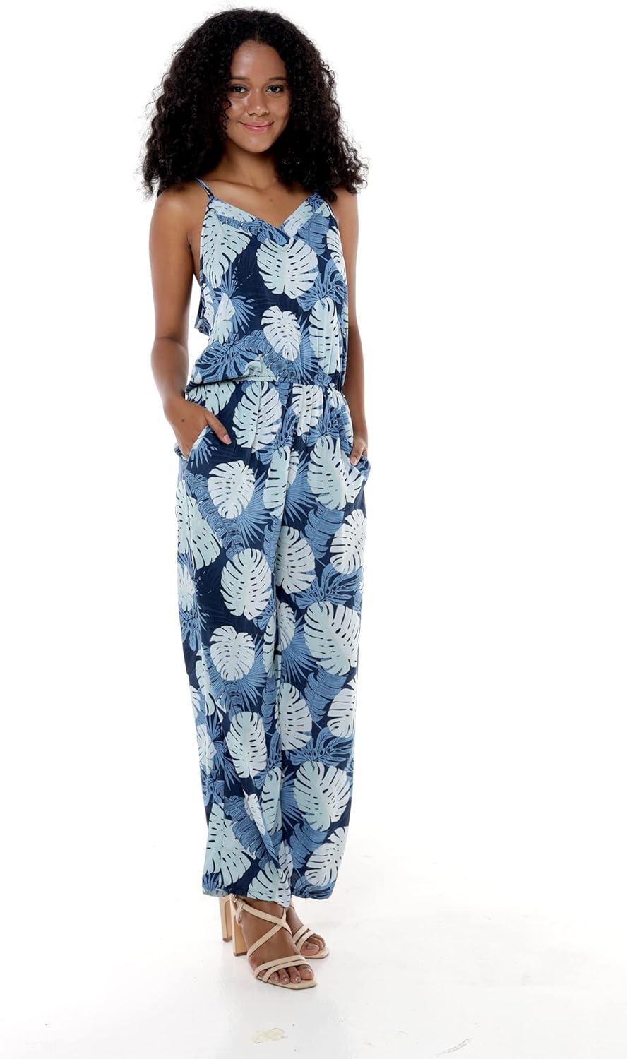 imageMatchable Family Hawaiian Luau Men Women Girl Boy Clothes in Pacific Palm NavyWomen V Neck Jumpsuit