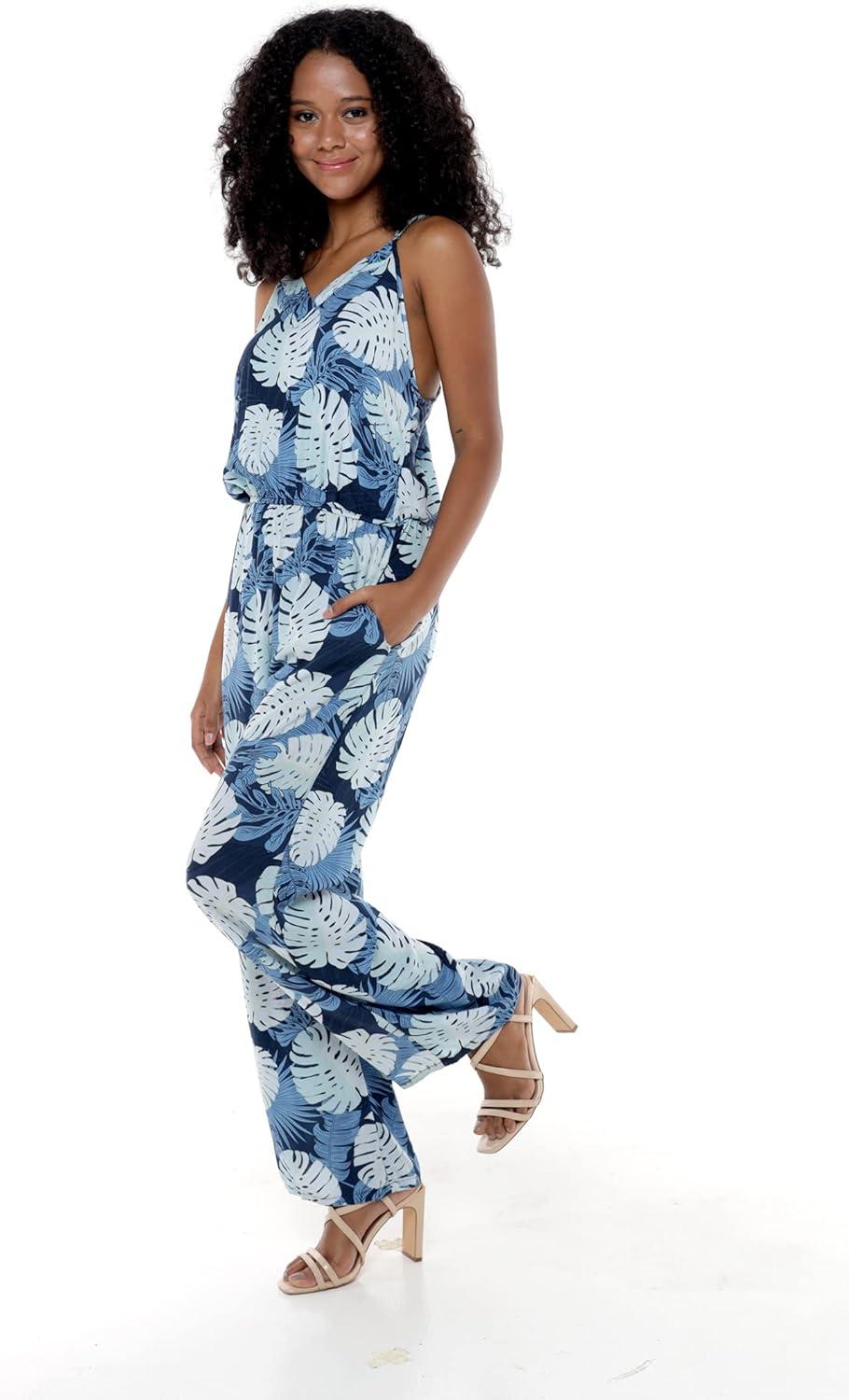 imageMatchable Family Hawaiian Luau Men Women Girl Boy Clothes in Pacific Palm NavyWomen V Neck Jumpsuit