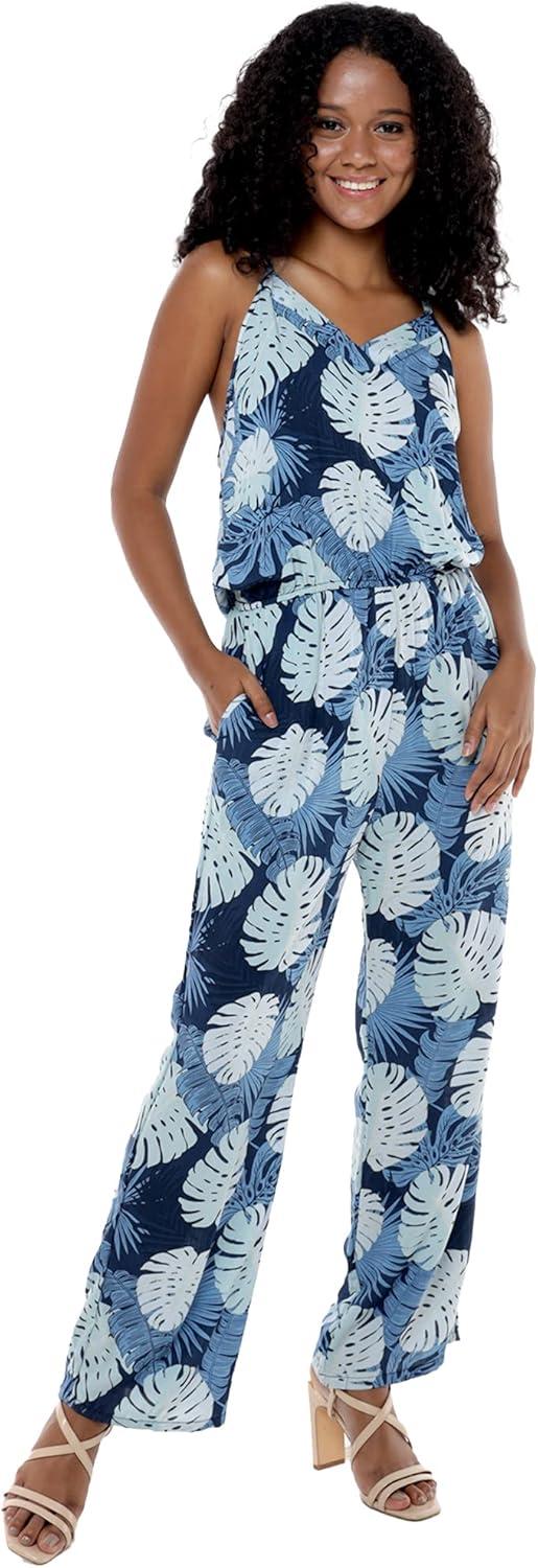imageMatchable Family Hawaiian Luau Men Women Girl Boy Clothes in Pacific Palm NavyWomen V Neck Jumpsuit