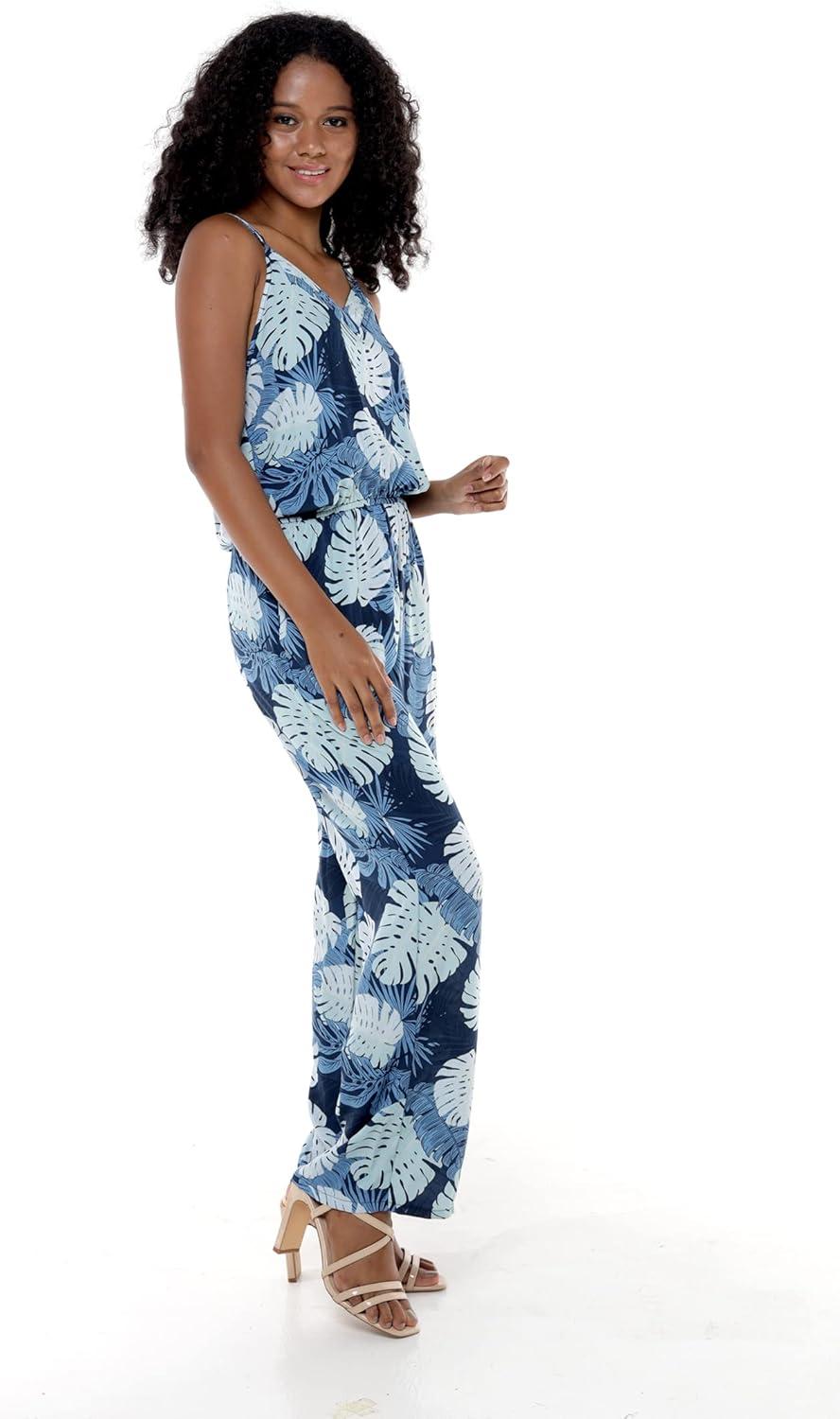 imageMatchable Family Hawaiian Luau Men Women Girl Boy Clothes in Pacific Palm NavyWomen V Neck Jumpsuit