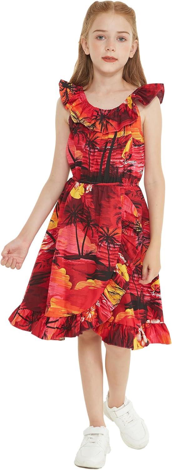 imageMatchable Family Hawaiian Luau Men Women Girl Boy Clothes in Sunset RedGirl Wrap Ruffle