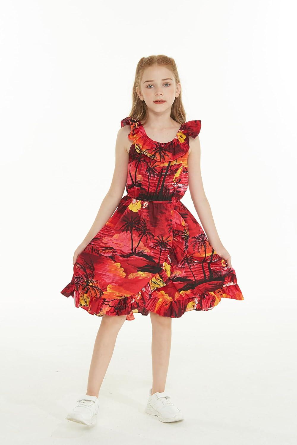 imageMatchable Family Hawaiian Luau Men Women Girl Boy Clothes in Sunset RedGirl Wrap Ruffle
