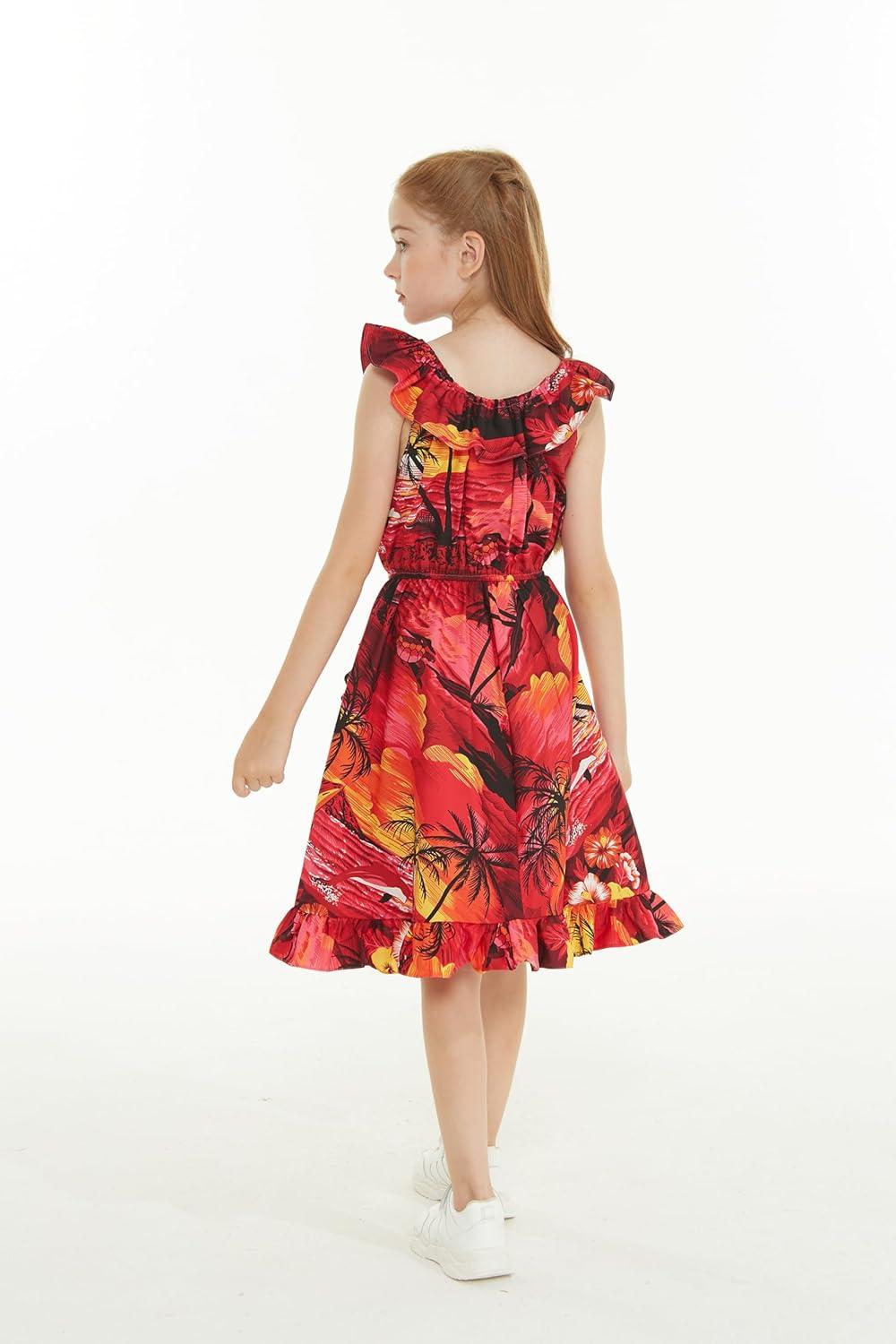 imageMatchable Family Hawaiian Luau Men Women Girl Boy Clothes in Sunset RedGirl Wrap Ruffle