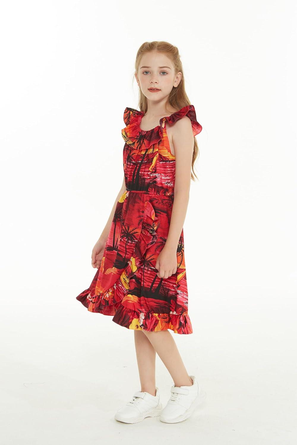 imageMatchable Family Hawaiian Luau Men Women Girl Boy Clothes in Sunset RedGirl Wrap Ruffle
