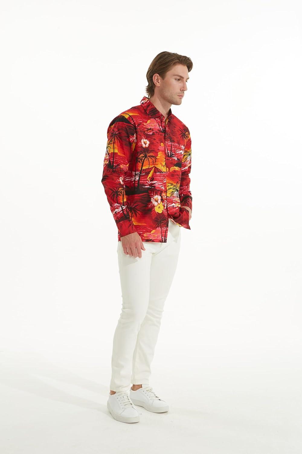 imageMatchable Family Hawaiian Luau Men Women Girl Boy Clothes in Sunset RedMen Long Sleeve