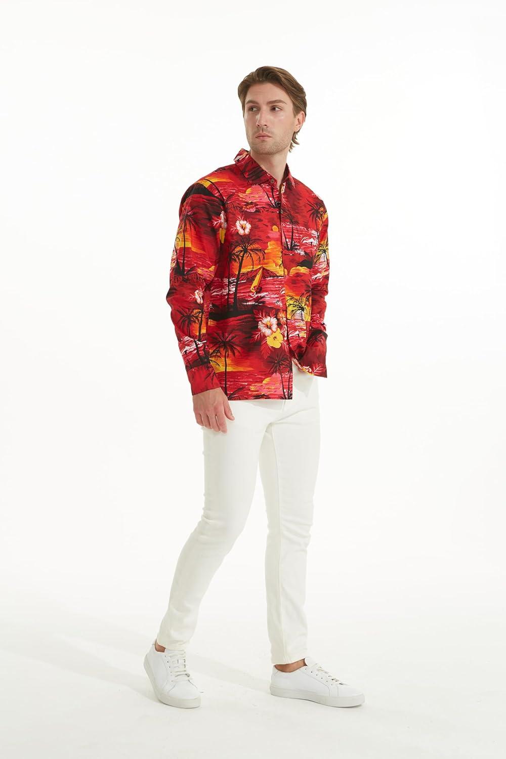 imageMatchable Family Hawaiian Luau Men Women Girl Boy Clothes in Sunset RedMen Long Sleeve
