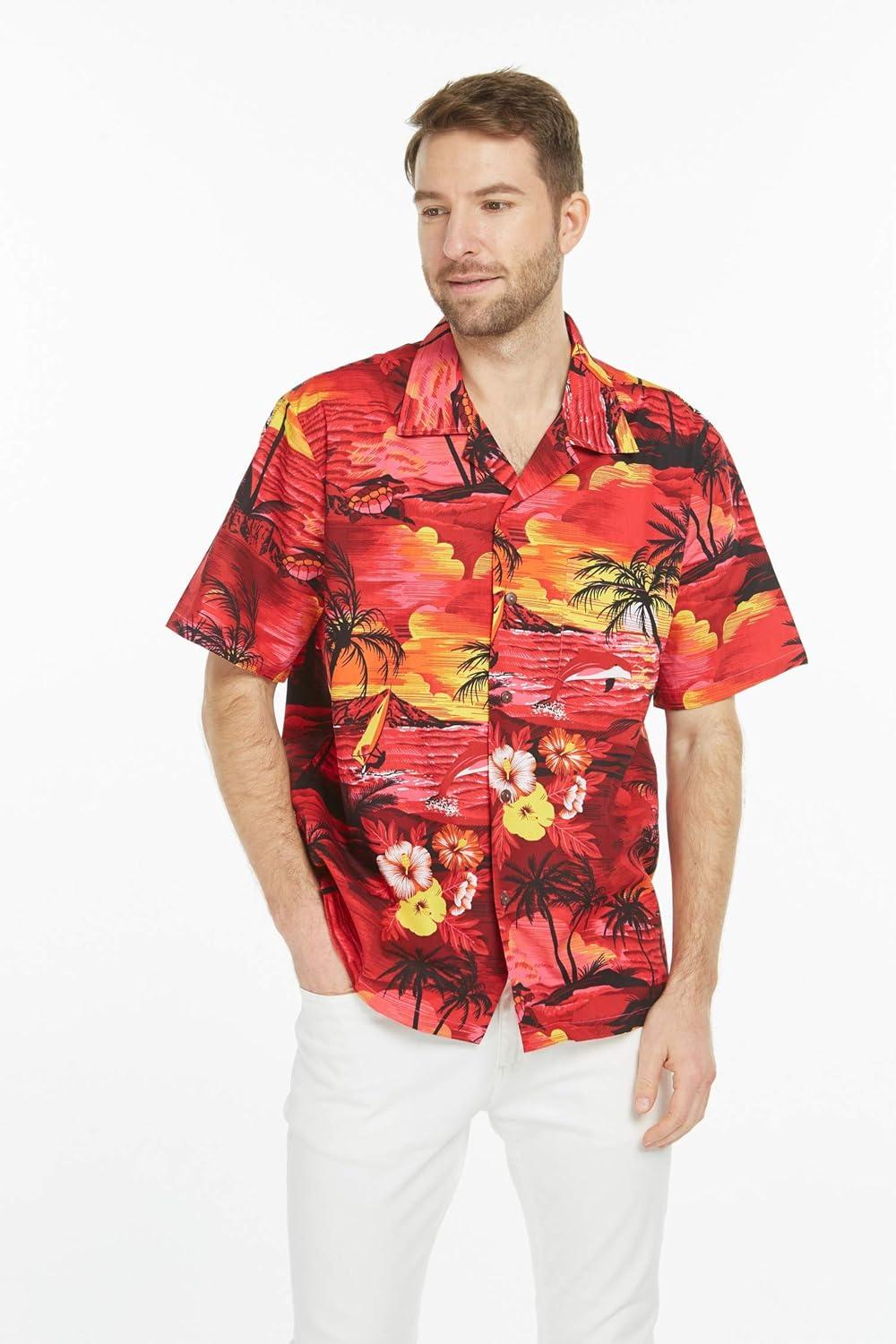imageMatchable Family Hawaiian Luau Men Women Girl Boy Clothes in Sunset RedMen Short Sleeve