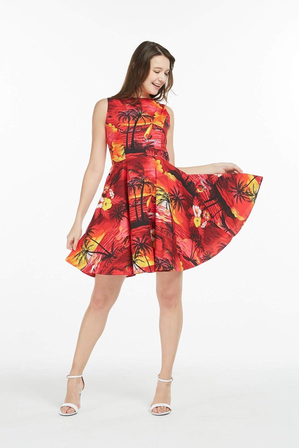 imageMatchable Family Hawaiian Luau Men Women Girl Boy Clothes in Sunset RedWomen Fit and Flare