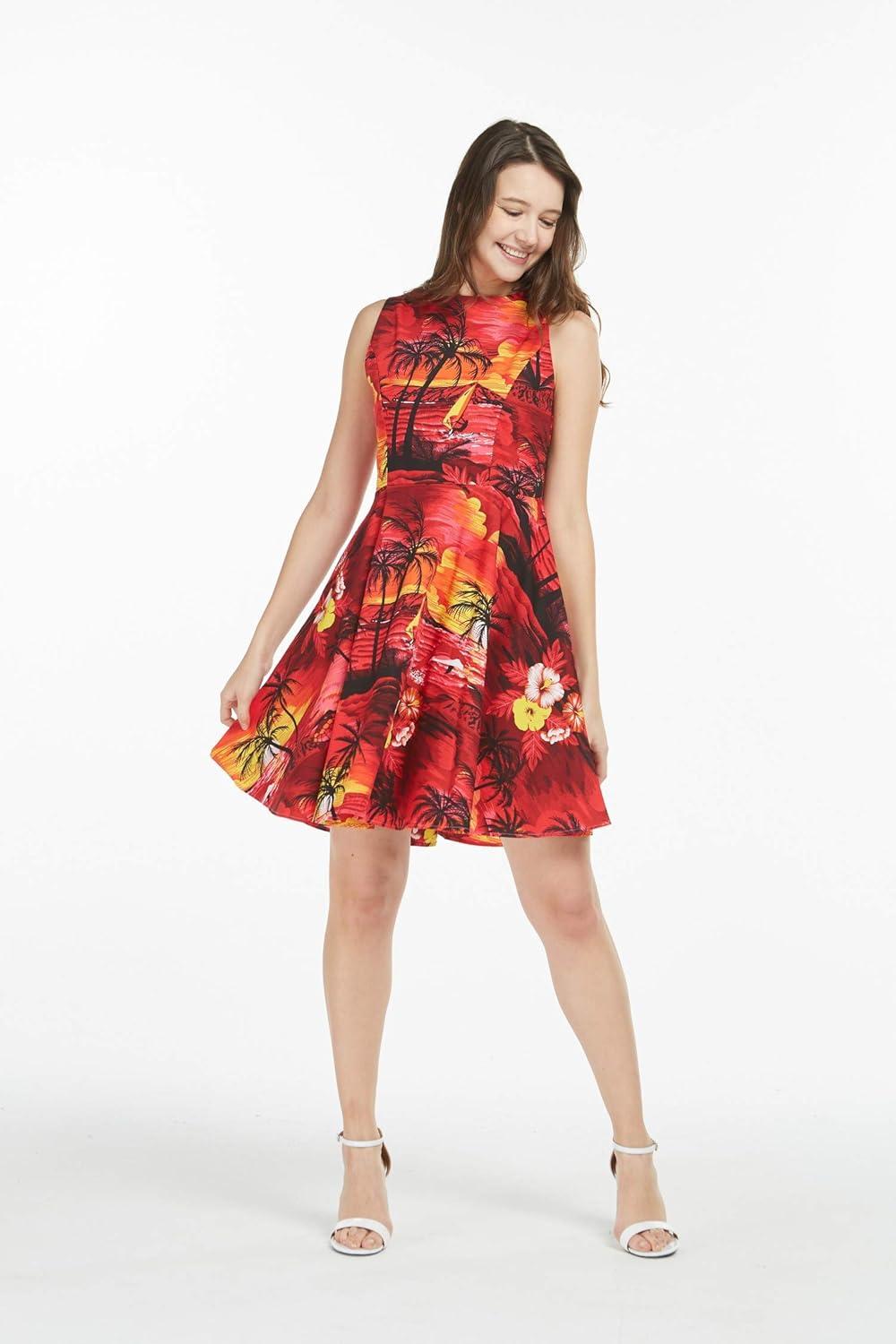 imageMatchable Family Hawaiian Luau Men Women Girl Boy Clothes in Sunset RedWomen Fit and Flare