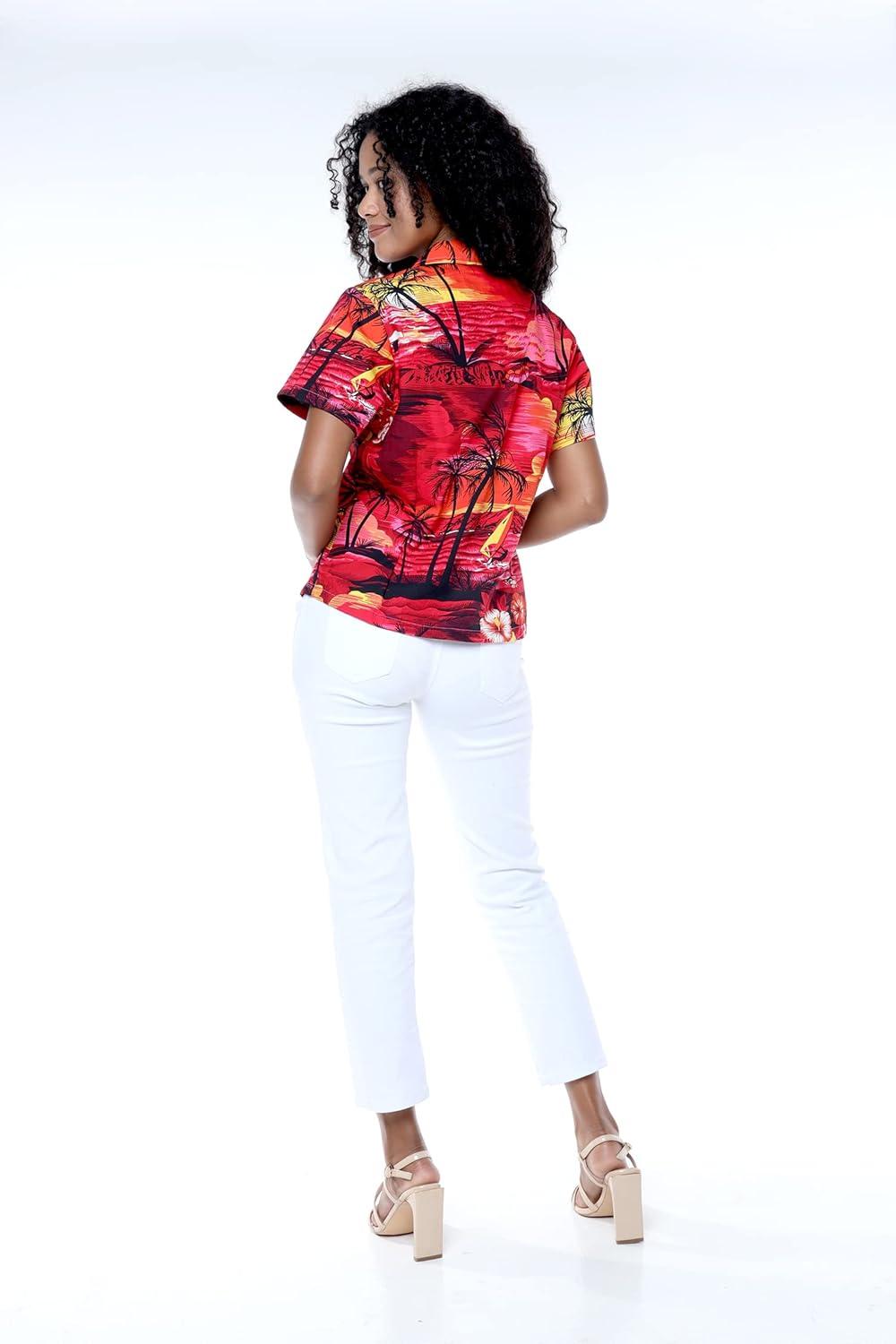 imageMatchable Family Hawaiian Luau Men Women Girl Boy Clothes in Sunset RedWomen Short Sleeve Shirt