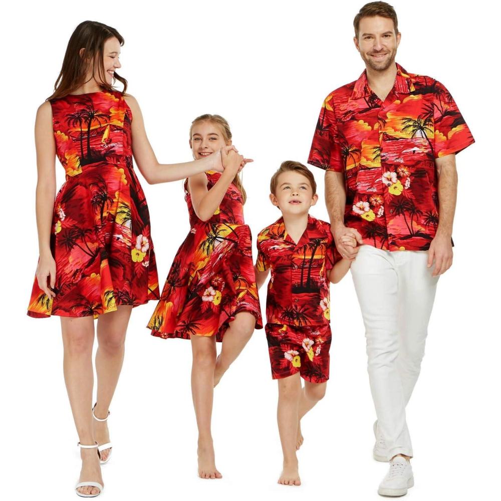 imageMatchable Family Hawaiian Luau Men Women Girl Boy Clothes in Sunset RedWomen Mermaid Dress