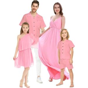imageMatchable Family Hawaiian Wedding Beach Solid Color Men Women Girl Boy Clothes in Coral PinkWomen Keyhole Neckline Midi